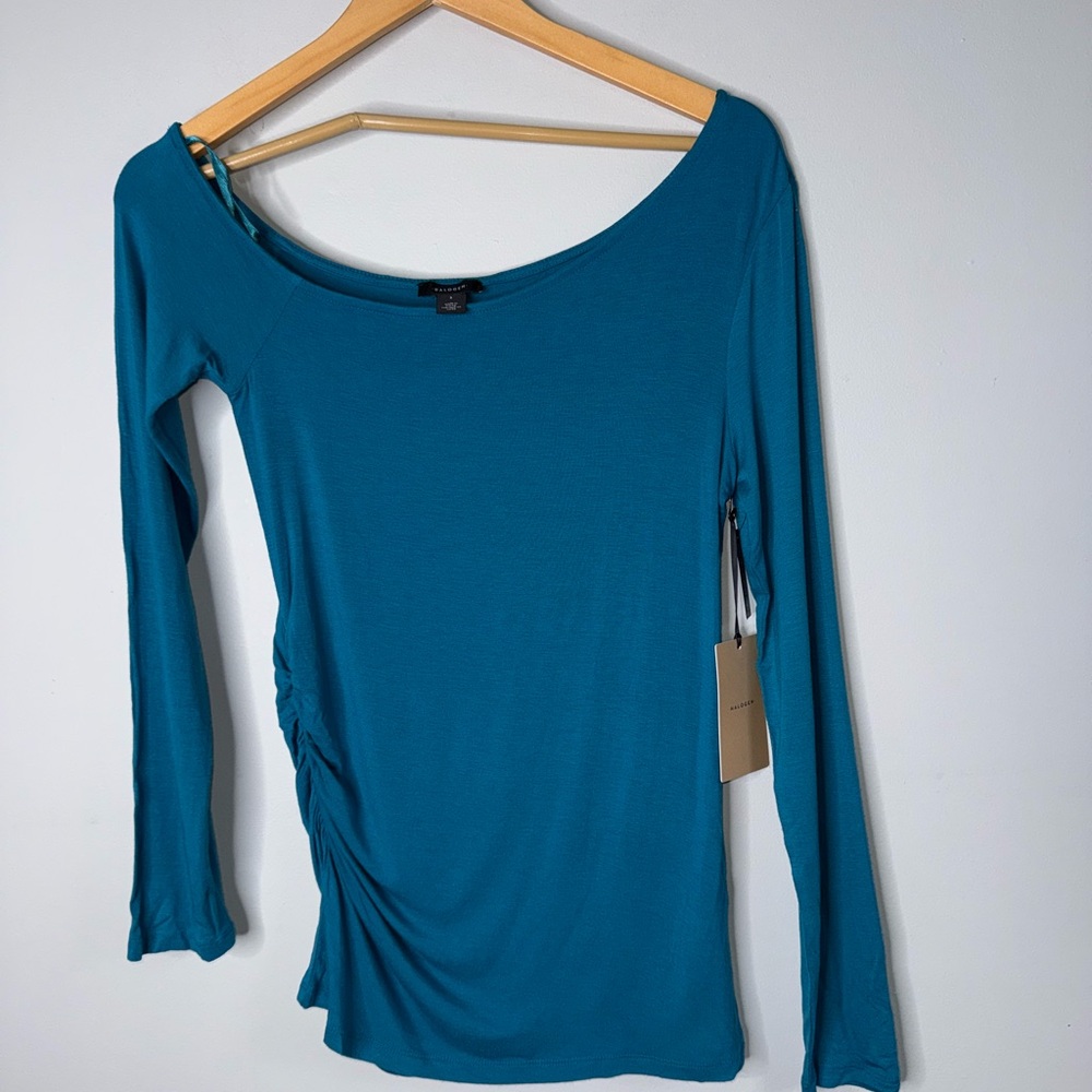 Halogen Top Women Size Small Blue Asymmetrical Ruched Long Sleeve Blouse